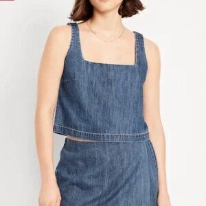 Old Navy Chambray Cropped Tank Top Large Square Neck Sleeveless Denim Blue